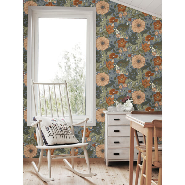 Victoria Blue Floral Nouveau Wallpaper