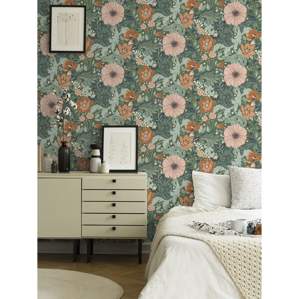 Victoria Green Floral Nouveau Wallpaper