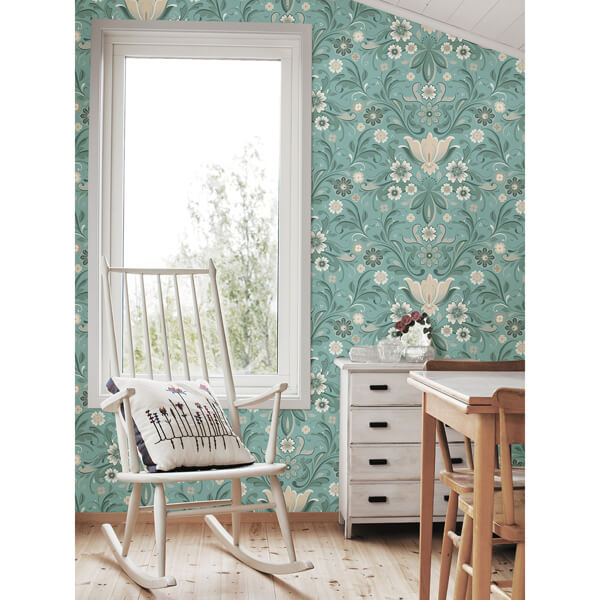 Ostanskar Turquoise Retro Floral Wallpaper
