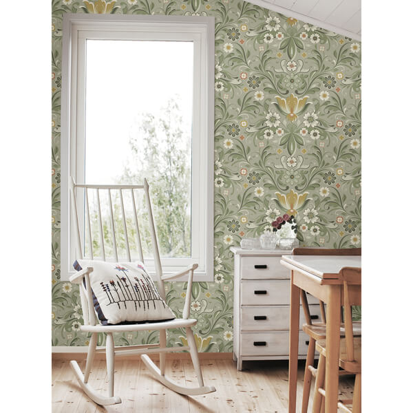 Ostanskar Green Retro Floral Wallpaper