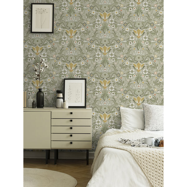 Ostanskar Green Retro Floral Wallpaper