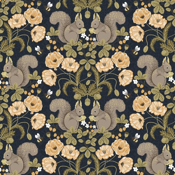 Kurre Dark Blue Woodland Damask Wallpaper