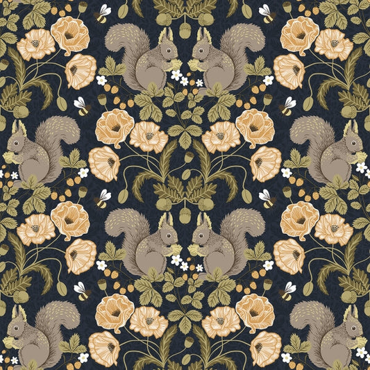 Kurre Dark Blue Woodland Damask Wallpaper