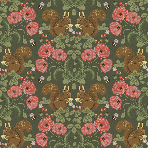 Kurre Dark Green Woodland Damask Wallpaper