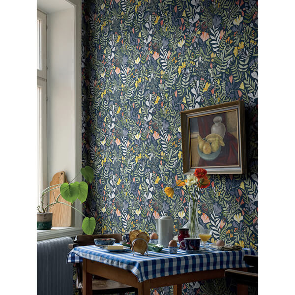 Brittsommar Navy Blue Woodland Floral Wallpaper