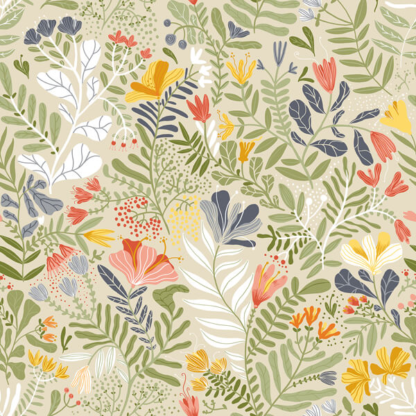 Brittsommar Beige Green Woodland Floral Wallpaper