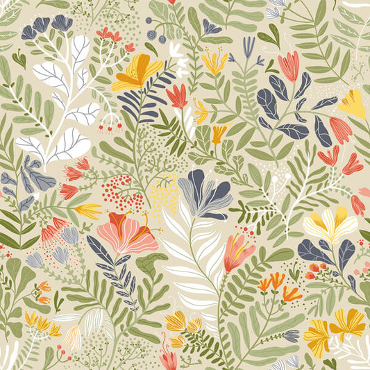 Brittsommar Beige Green Woodland Floral Wallpaper
