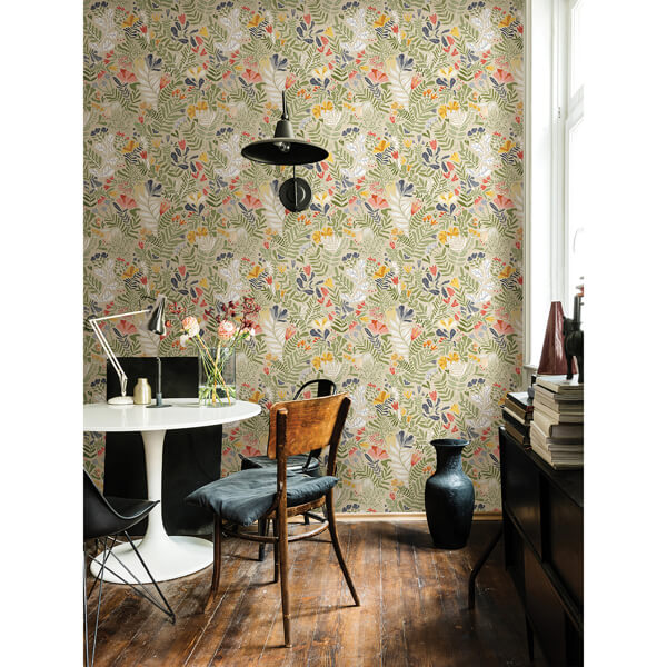 Brittsommar Beige Green Woodland Floral Wallpaper