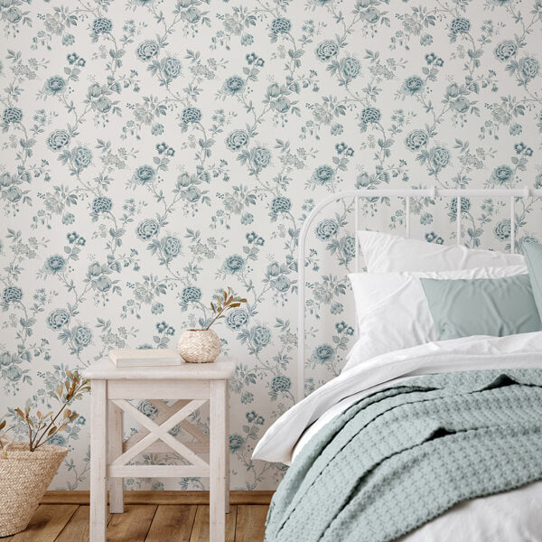 Chrysanthemum Teal Jacobean Wallpaper