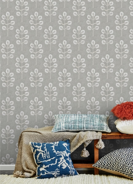 Plum Tree Grey Botanical Wallpaper