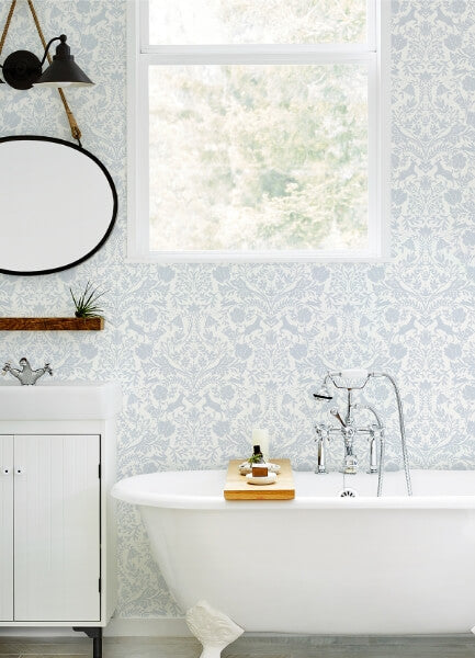 Forest Dance Light Blue Damask Wallpaper