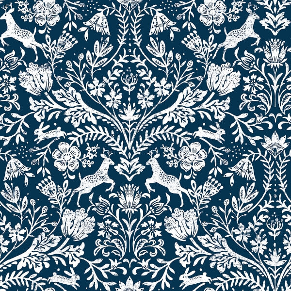 Forest Dance Navy Damask Wallpaper