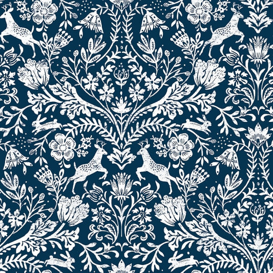 Forest Dance Navy Damask Wallpaper