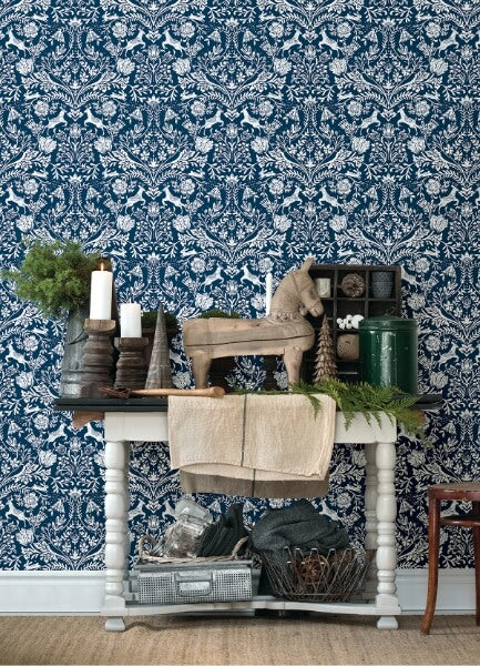 Forest Dance Navy Damask Wallpaper