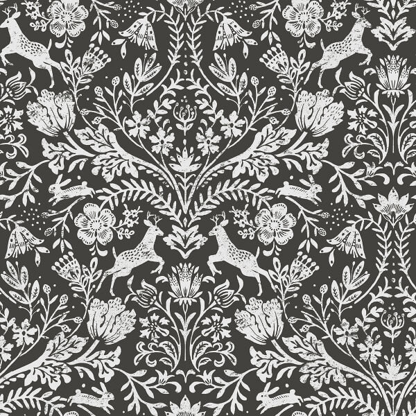 Forest Dance Charcoal Damask Wallpaper