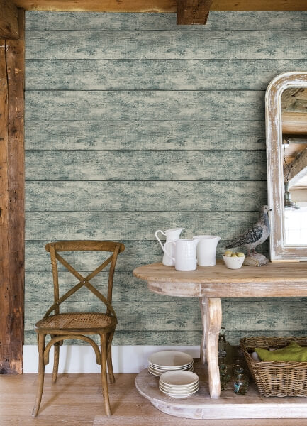 Cabin Teal Wood Planks Wallpaper