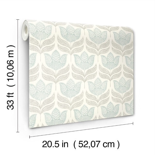 Cathal Aqua Tulip Block Print Wallpaper
