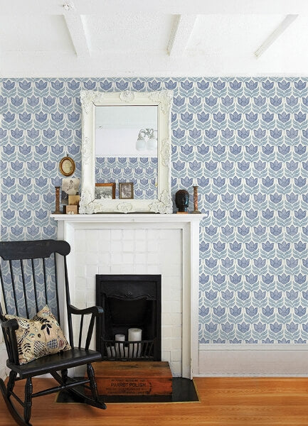 Cathal Blue Tulip Block Print Wallpaper