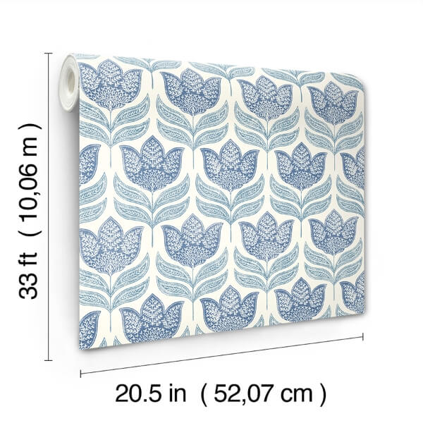 Cathal Blue Tulip Block Print Wallpaper