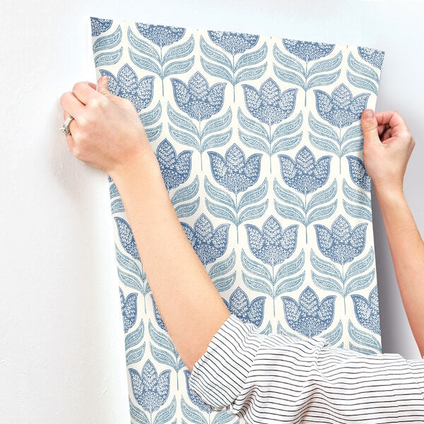 Cathal Blue Tulip Block Print Wallpaper