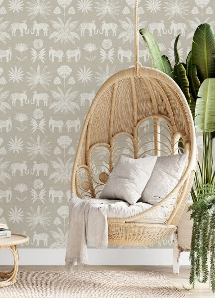 Bazaar Light Grey Elephant Oasis Wallpaper