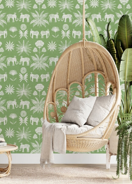 Bazaar Green Elephant Oasis Wallpaper