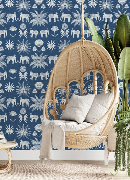 Bazaar Blue Elephant Oasis Wallpaper