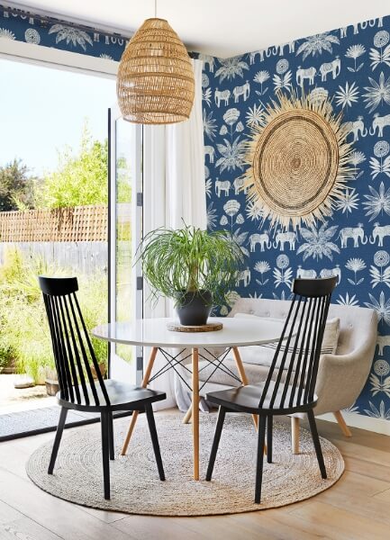 Bazaar Blue Elephant Oasis Wallpaper