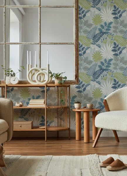 Praslin Sky Blue Botanical Wallpaper