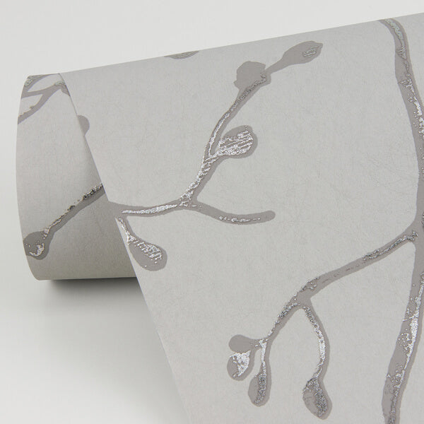 Koura Silver Budding Branches Wallpaper