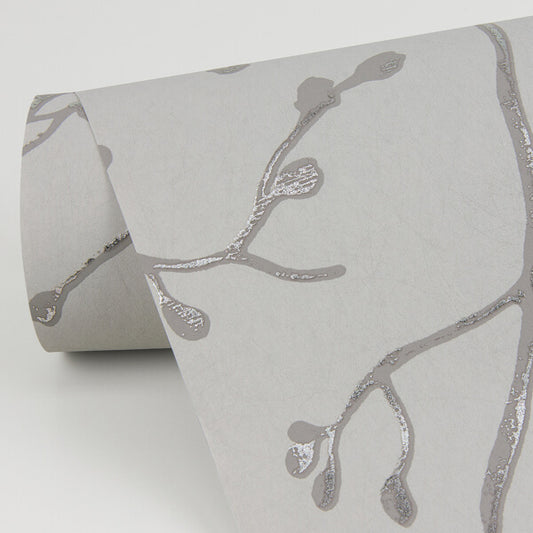 Koura Silver Budding Branches Wallpaper