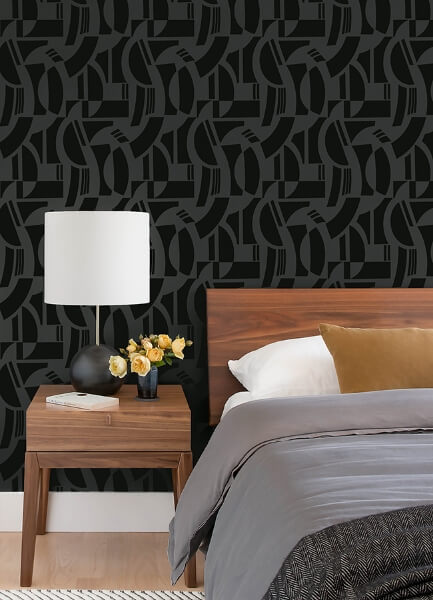 Carter Black Geometric Flock Wallpaper