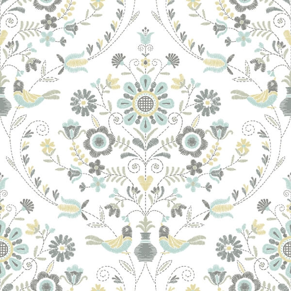 Britt Sea Green Embroidered Damask Wallpaper