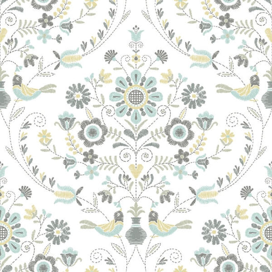 Britt Sea Green Embroidered Damask Wallpaper