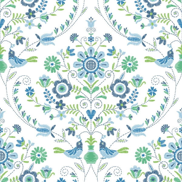 Britt Sapphire Embroidered Damask Wallpaper