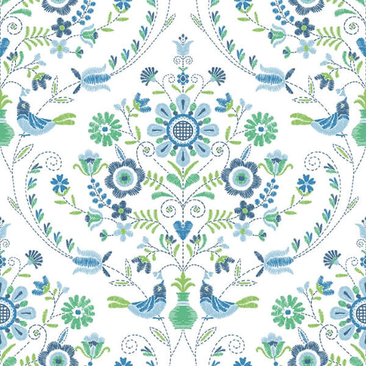 Britt Sapphire Embroidered Damask Wallpaper