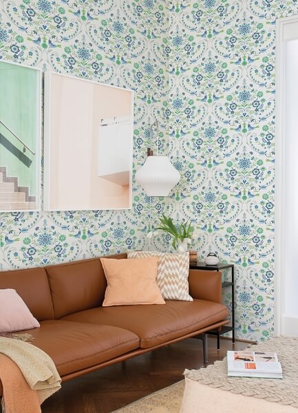 Britt Sapphire Embroidered Damask Wallpaper