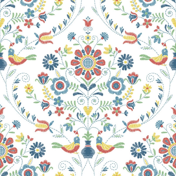 Britt Multicolor Embroidered Damask Wallpaper