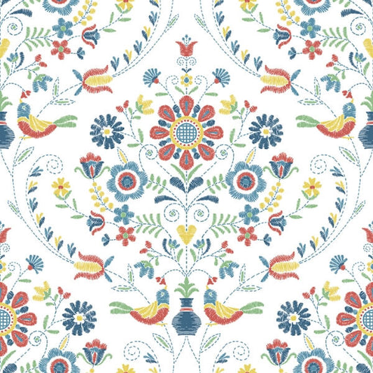 Britt Multicolor Embroidered Damask Wallpaper