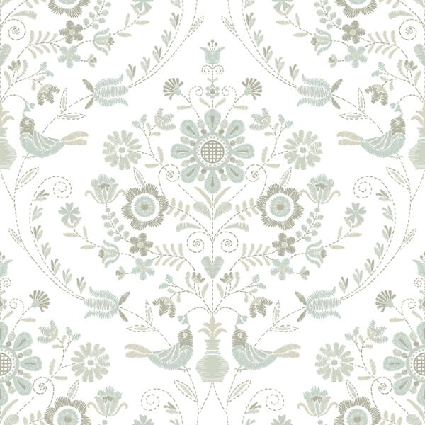 Britt Neutral Embroidered Damask Wallpaper