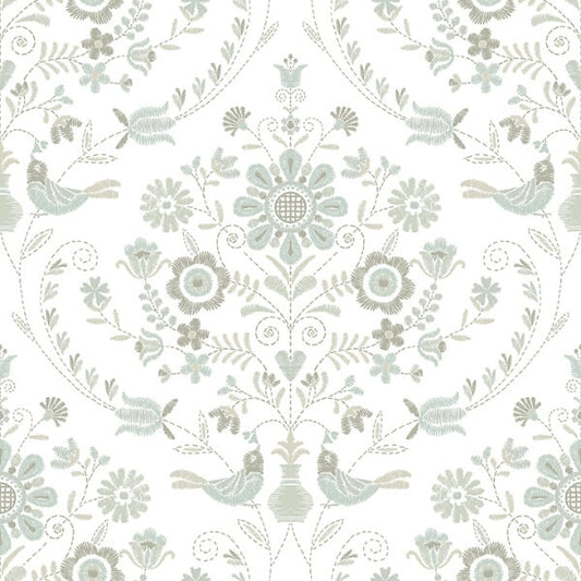 Britt Neutral Embroidered Damask Wallpaper