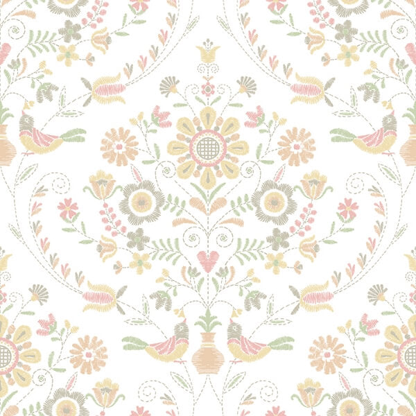 Britt Peach Embroidered Damask Wallpaper