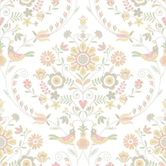 Britt Peach Embroidered Damask Wallpaper