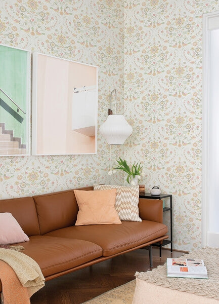 Britt Peach Embroidered Damask Wallpaper