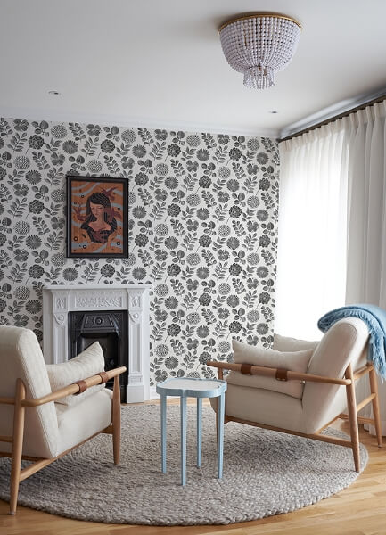 Inge Black Floral Block Print Wallpaper