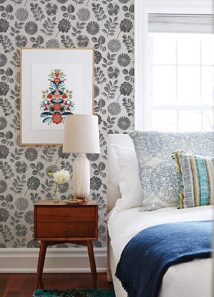 Inge Black Floral Block Print Wallpaper