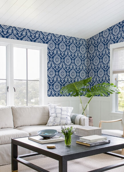 Helm Damask Navy Floral Medallion Wallpaper