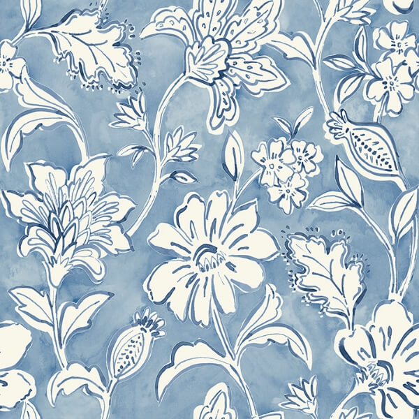 Plumeria Blue Floral Trail Wallpaper