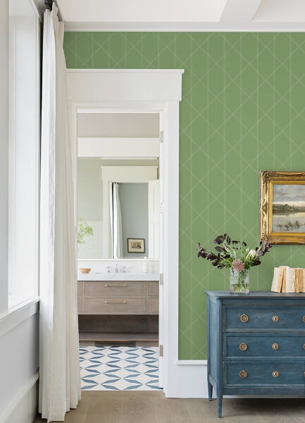 Walcott Light Green Stitched Trellis Wallpaper
