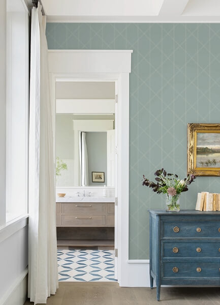 Walcott Seafoam Stitched Trellis Wallpaper